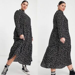 ASOS CURVE Polka Dot Spotted Mock Neck Dress Long Sleeves Size US 16 Tiered Midi